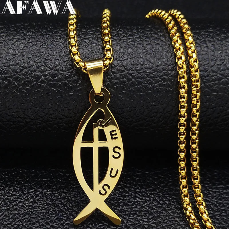 Ichthys Jesus Fish Cross Necklace