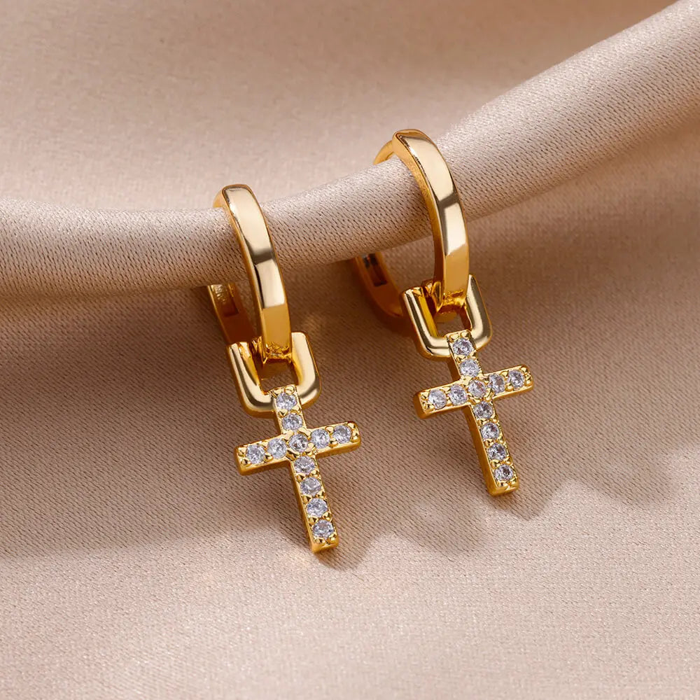 Zircon Cross Drop Earrings