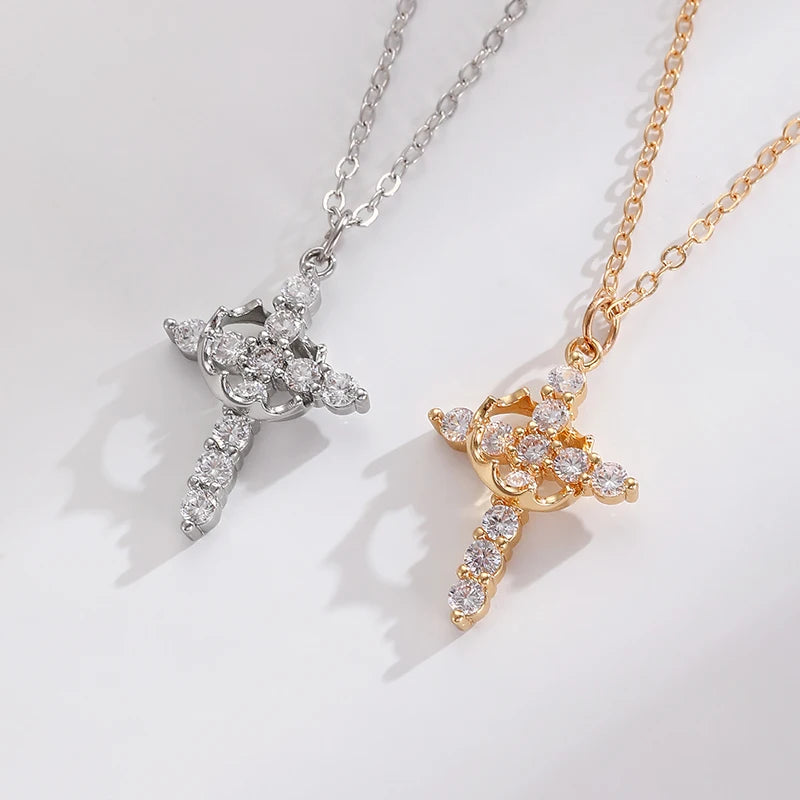 Rotating Crown Cross Necklace