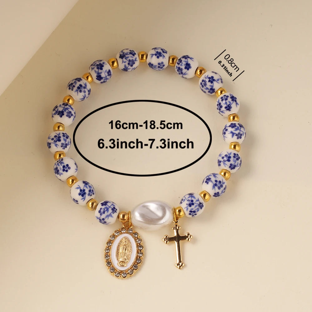 Blue & White Ceramic Cross Bracelet