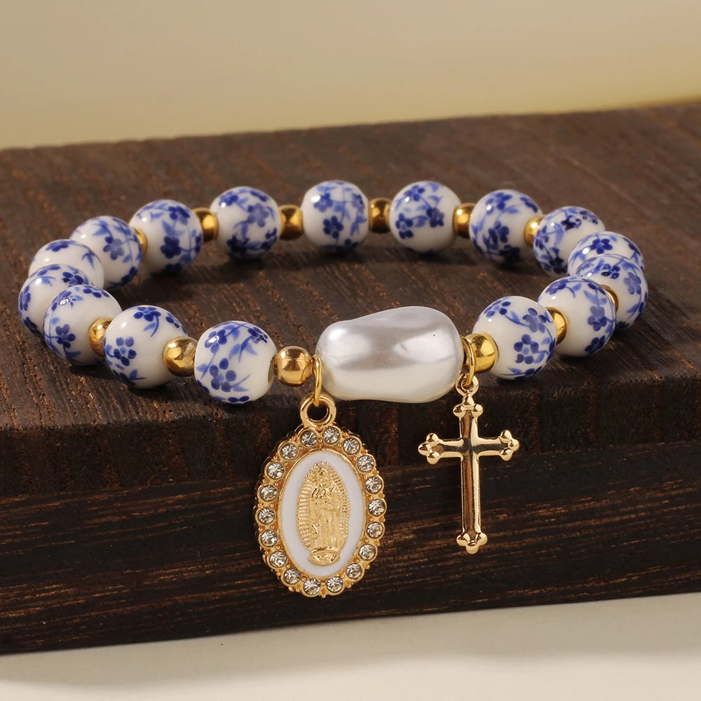 Blue & White Ceramic Cross Bracelet