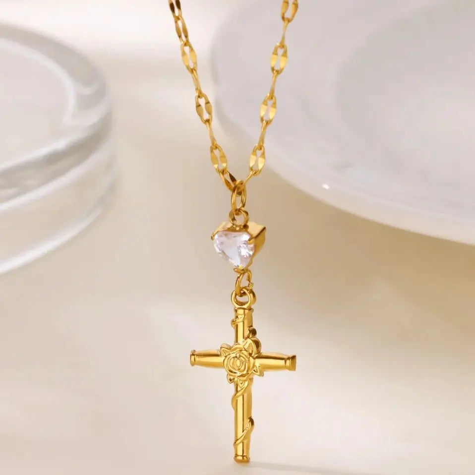 Zircon Cross Flower Necklace