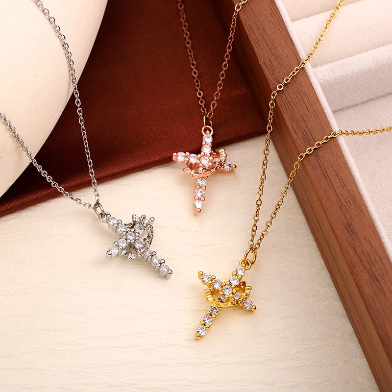 Rotating Crown Cross Necklace
