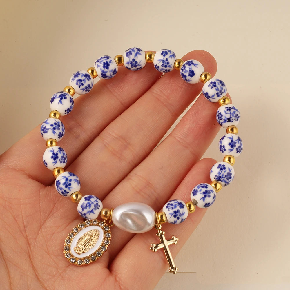 Blue & White Ceramic Cross Bracelet