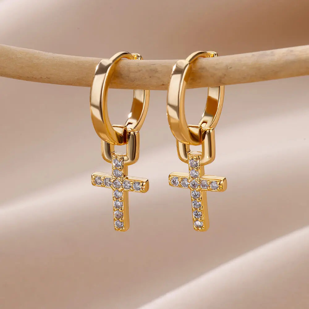 Zircon Cross Drop Earrings